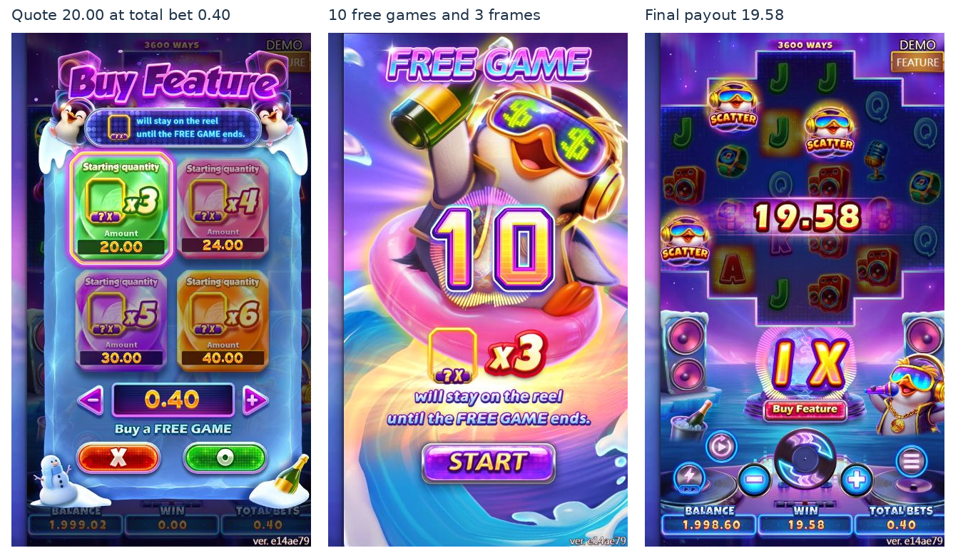 BUY 01 recorded quote, ten-free-game entry with three frames, and final ordinary-screen settlement BUY 01 recorded quote, ten-free-game entry with three frames, and final ordinary-screen settlement