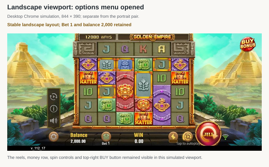 Golden Empire in a simulated 844 by 390 landscape Chrome viewport with the board, bottom controls and Buy Bonus visible
