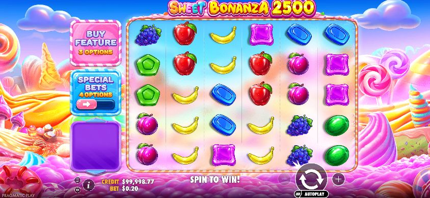 Sweet Bonanza 2500 main screen in an 844 by 390 desktop viewport