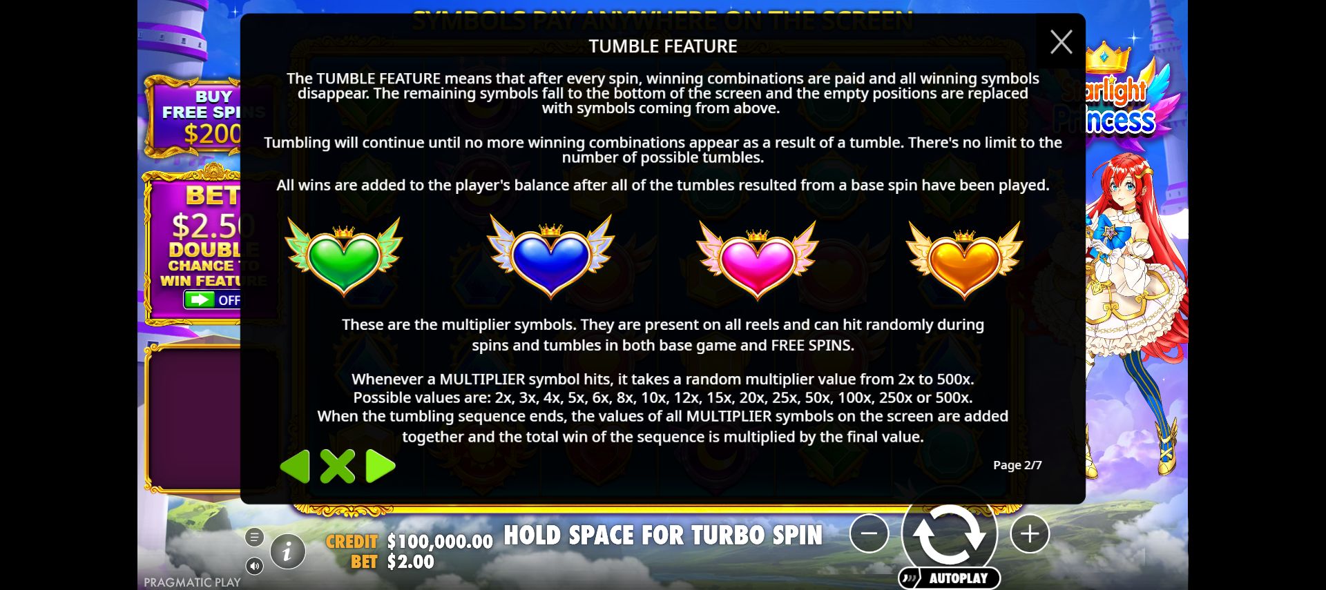 Captured Help explaining tumble settlement and winged-heart multipliers in both the base game and free spins