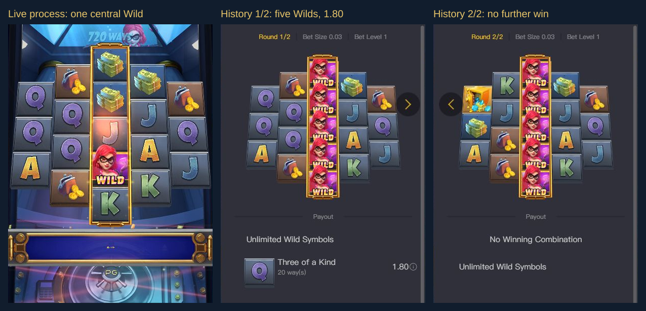 Spin 19 live frame with one central Wild, History round one with five Wilds and a 1.80 Q win, then a zero-paying second round
