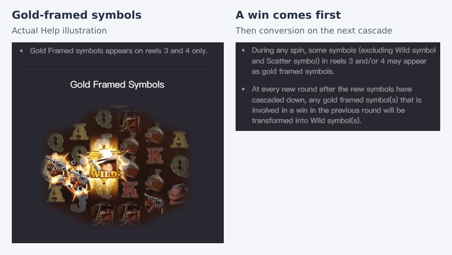 Original Help artwork and rule text showing gold frames on the central reels and their conversion into Wild after a winning round