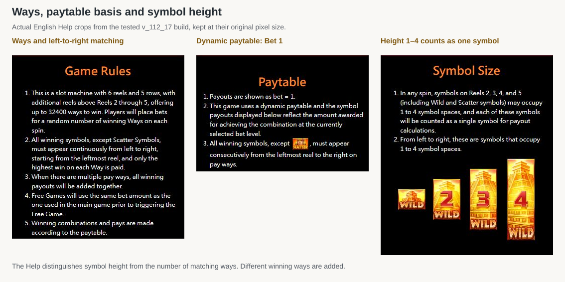 Golden Empire original Help explains payout ways and shows Wild symbols occupying one to four spaces