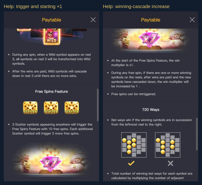 The actual Heist Stakes Paytable pages explaining three Scatters, ten Free Spins and the increasing multiplier