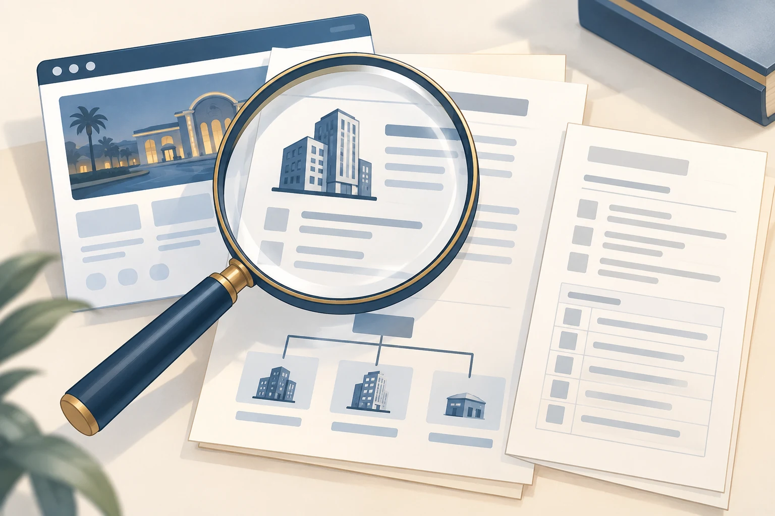 Editorial illustration of reviewing an online casino operator’s identity, ownership and licence records.