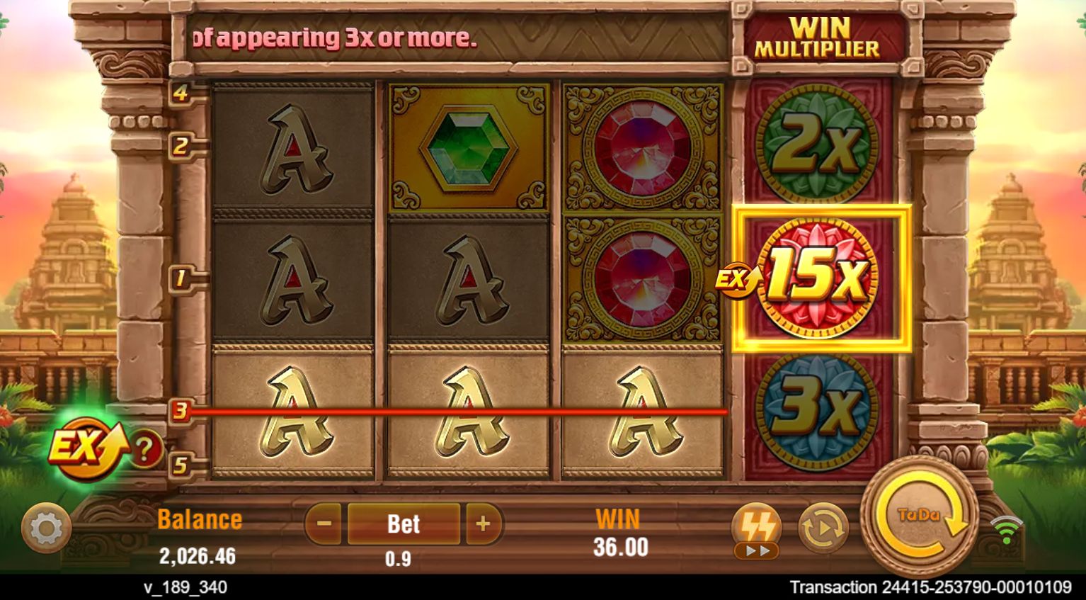 Fortune Gems supplemental spin 71 showing a 15x multiplier and a 36-credit payout from two A paylines