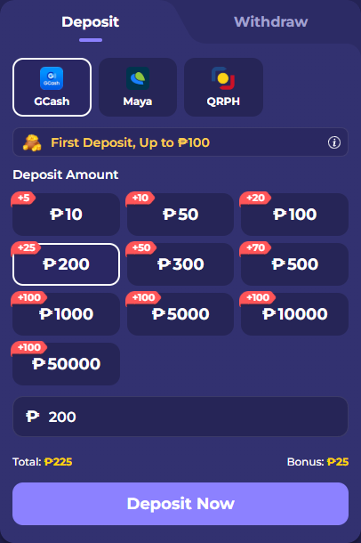 BIGBUNNY GCash deposit panel showing First Deposit, Up to ₱100 and payment channels