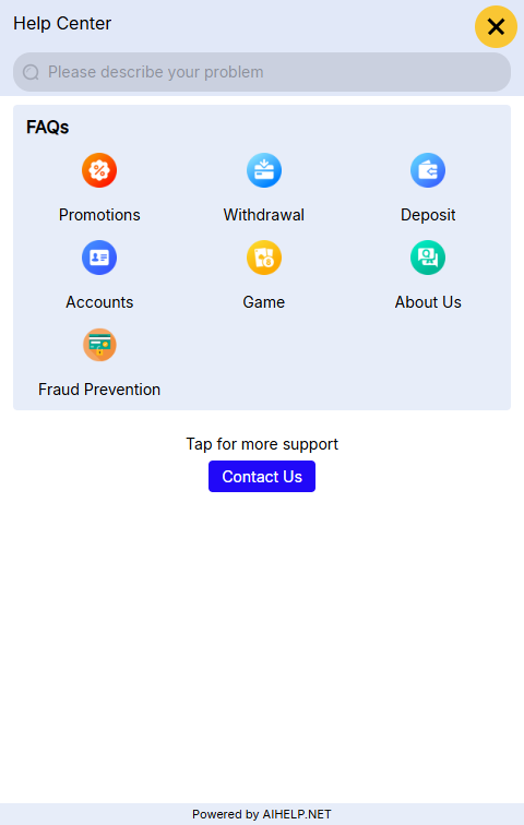 NUSTAR Help Center with FAQ categories and Contact Us button