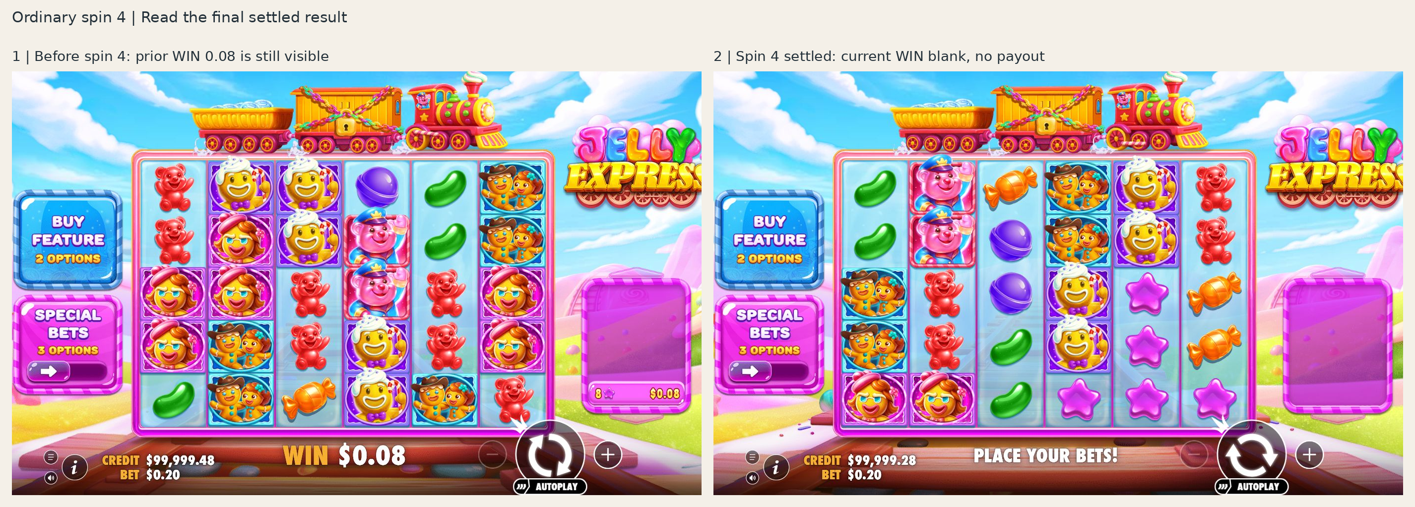 Spin 4 before and after: the previous WIN is not a new payout.