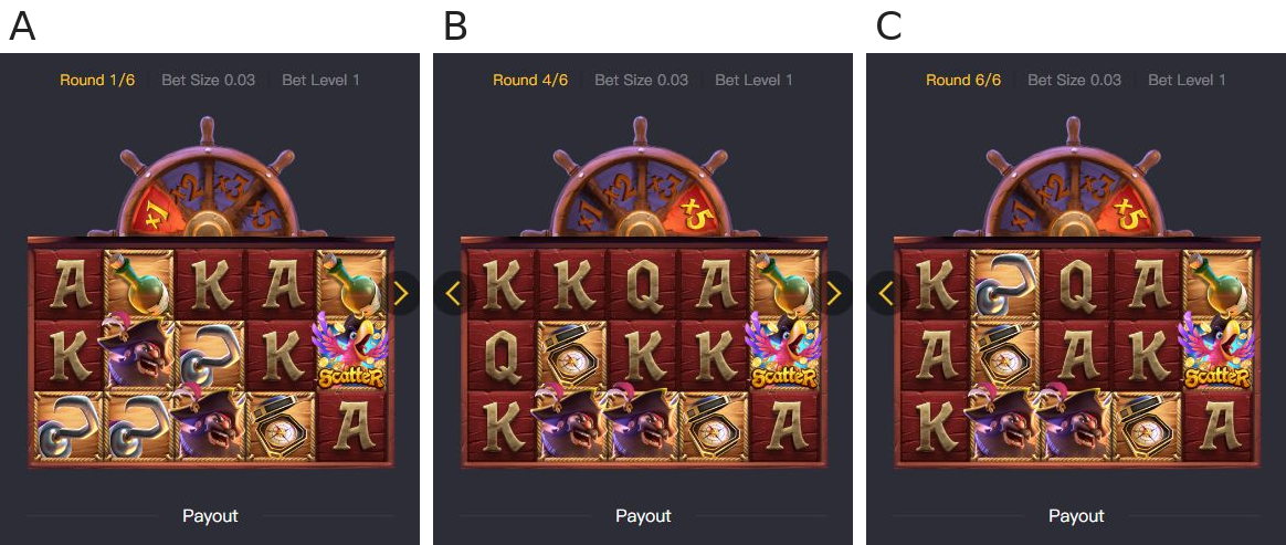 A: Spin 35 first round board with x1; B: Spin 35 fourth round board with x5; C: Spin 35 sixth round board, still at x5