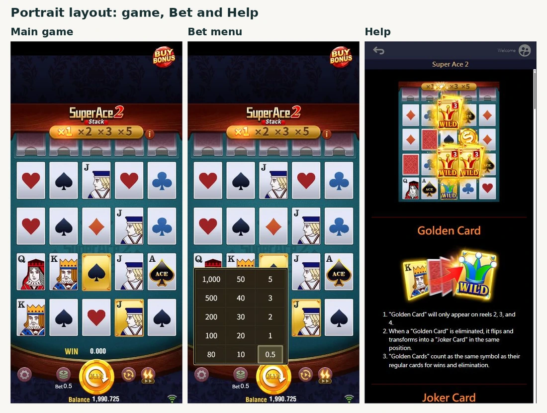 Super Ace 2 in a 390 by 844 portrait viewport, with actual main, Bet or Help states arranged side by side.