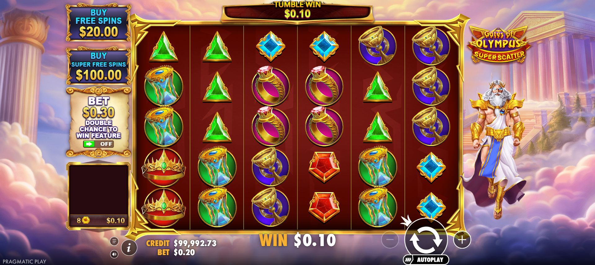 Gates of Olympus Super Scatter interface with actual USD0.20 BET, Ante OFF and two Buy quotes