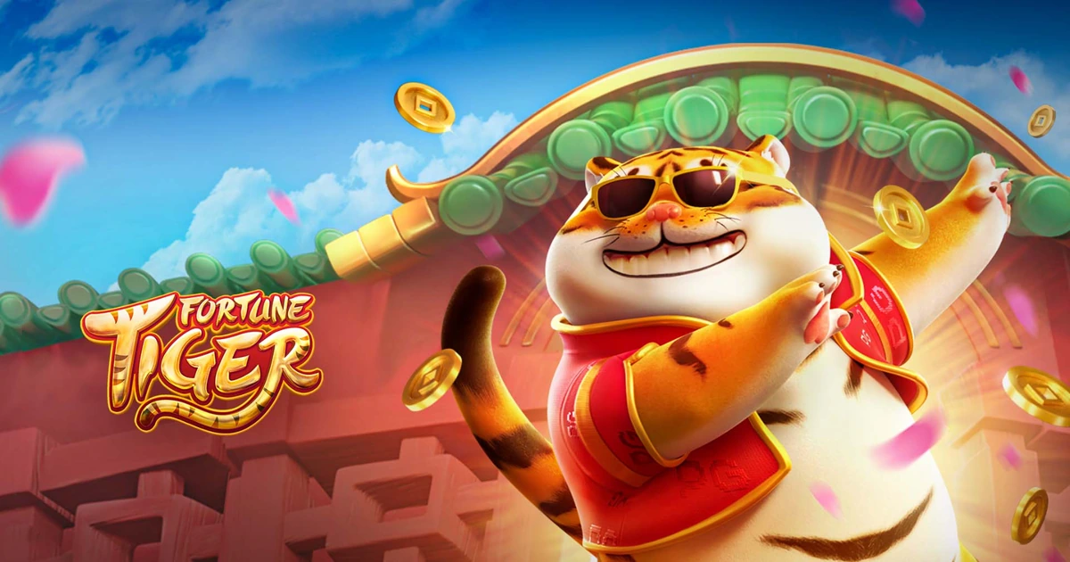 PG SOFT's Fortune Tiger game artwork with a sunglasses-wearing tiger, gold coins and a red-and-green temple backdrop