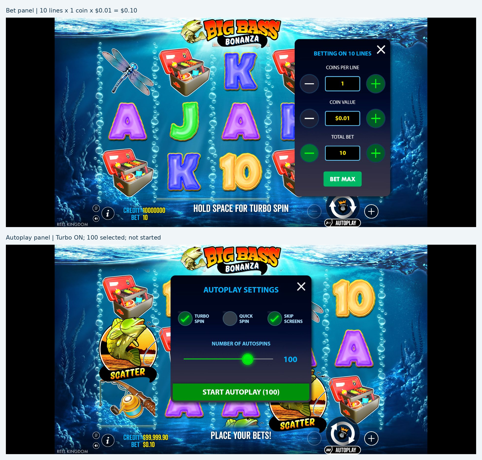 Bet and autoplay settings