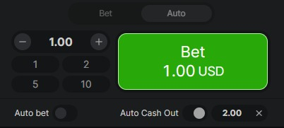 Actual left Aviator stake and Auto controls with Auto Bet off and Auto Cash Out target 2.00