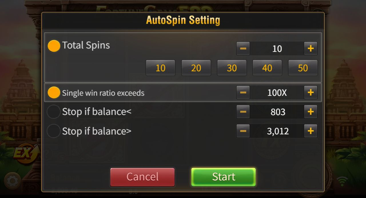 AutoSpin settings with 10 spins and a 100X win condition selected, plus unchecked balance thresholds of 803 and 3,012