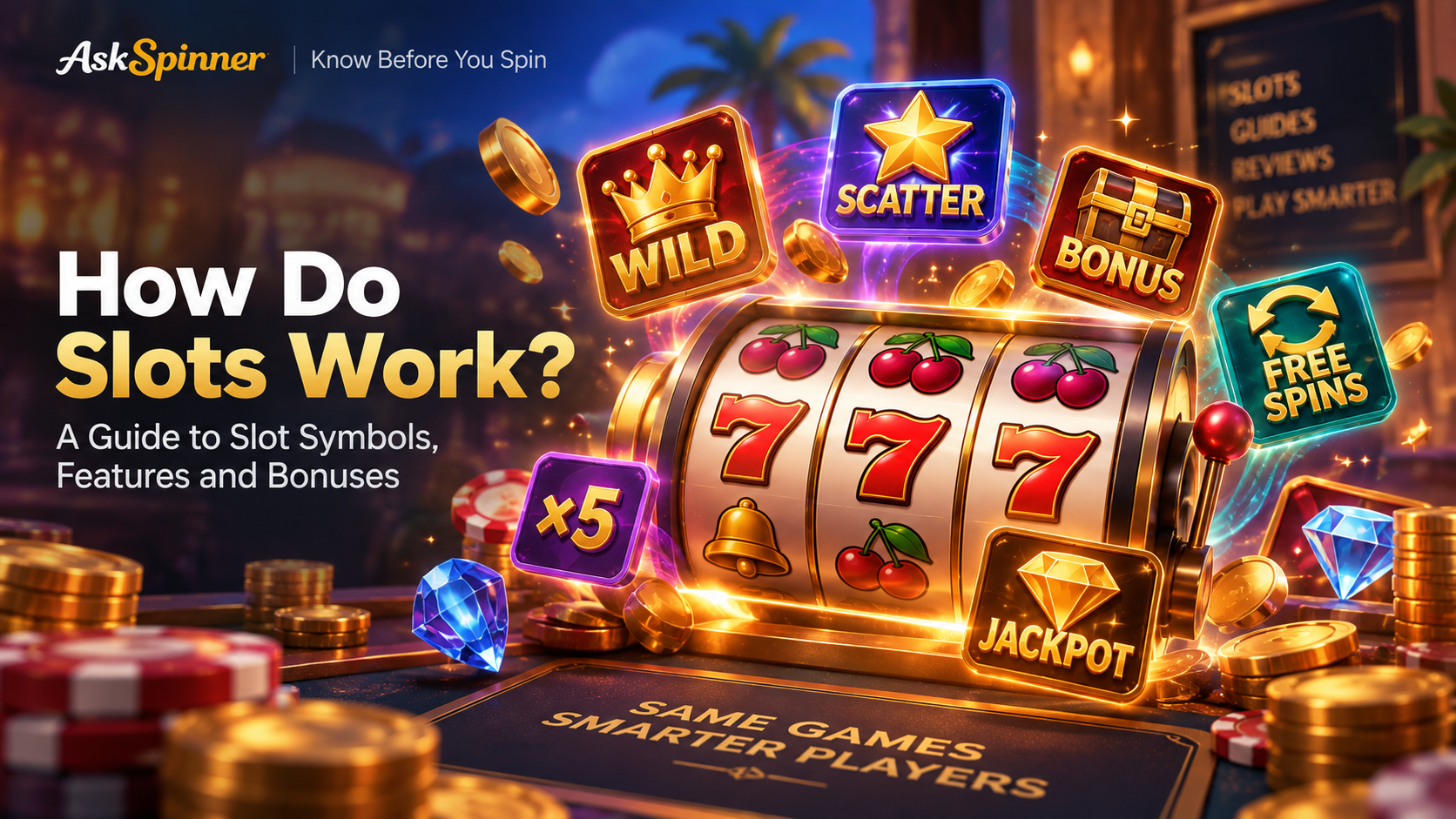 AskSpinner illustrated cover for How Do Slots Work, featuring a fictional slot machine and labels for Wild, Scatter, Bonus, Free Spins, multiplier and jackpot.