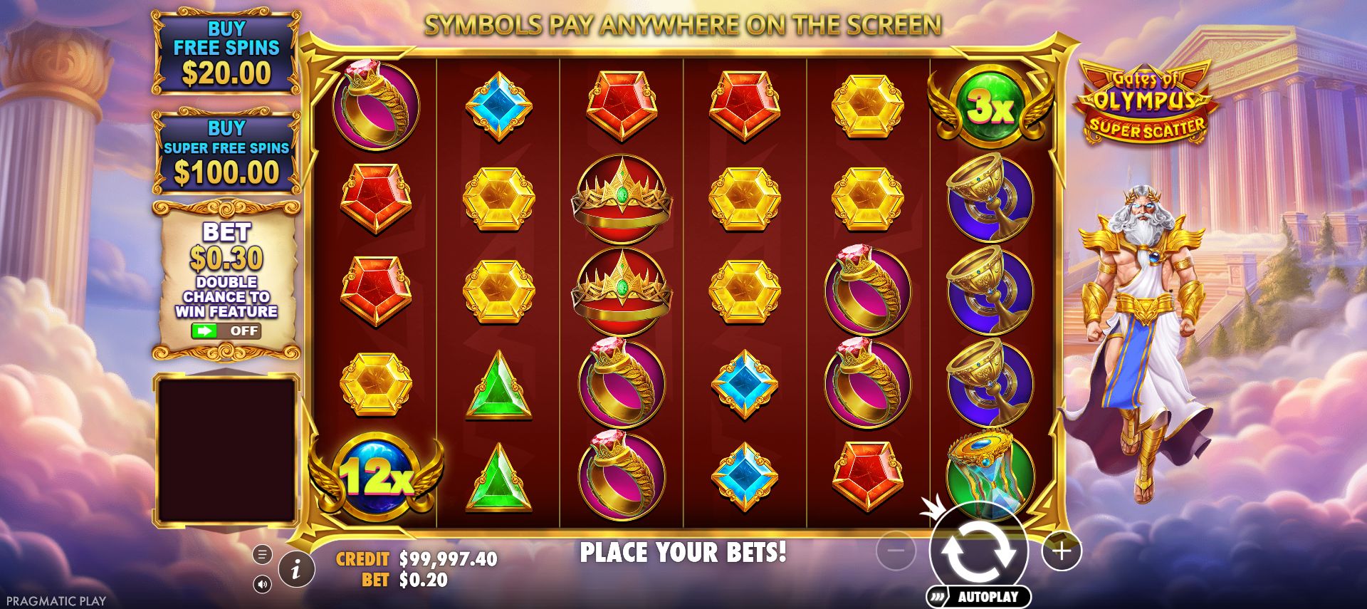 Gates Super Scatter spin 24 showing blue12x and green3x orbs