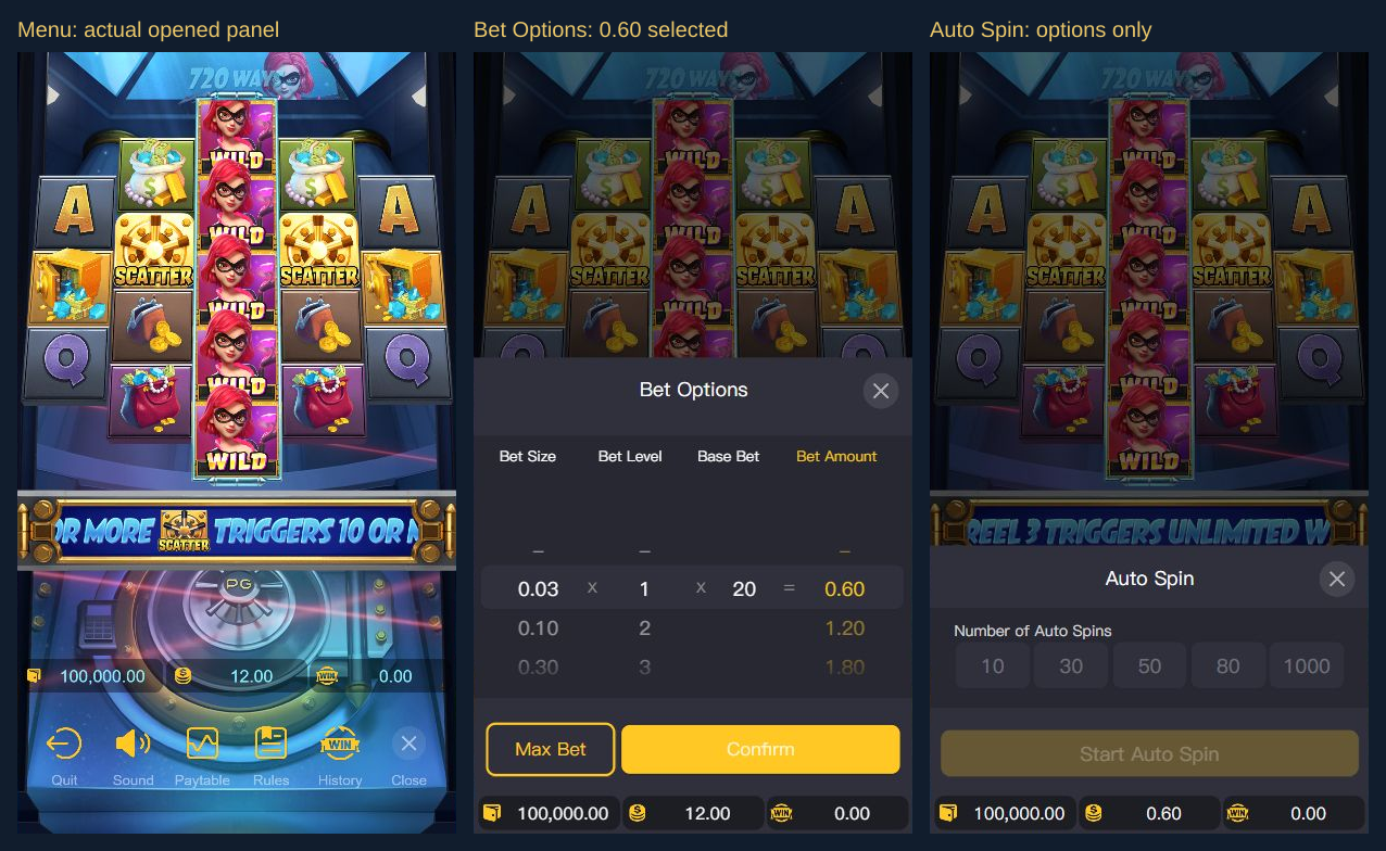 Actual opened Menu, Bet Options at 0.60 and Auto Spin choice panels in Heist Stakes