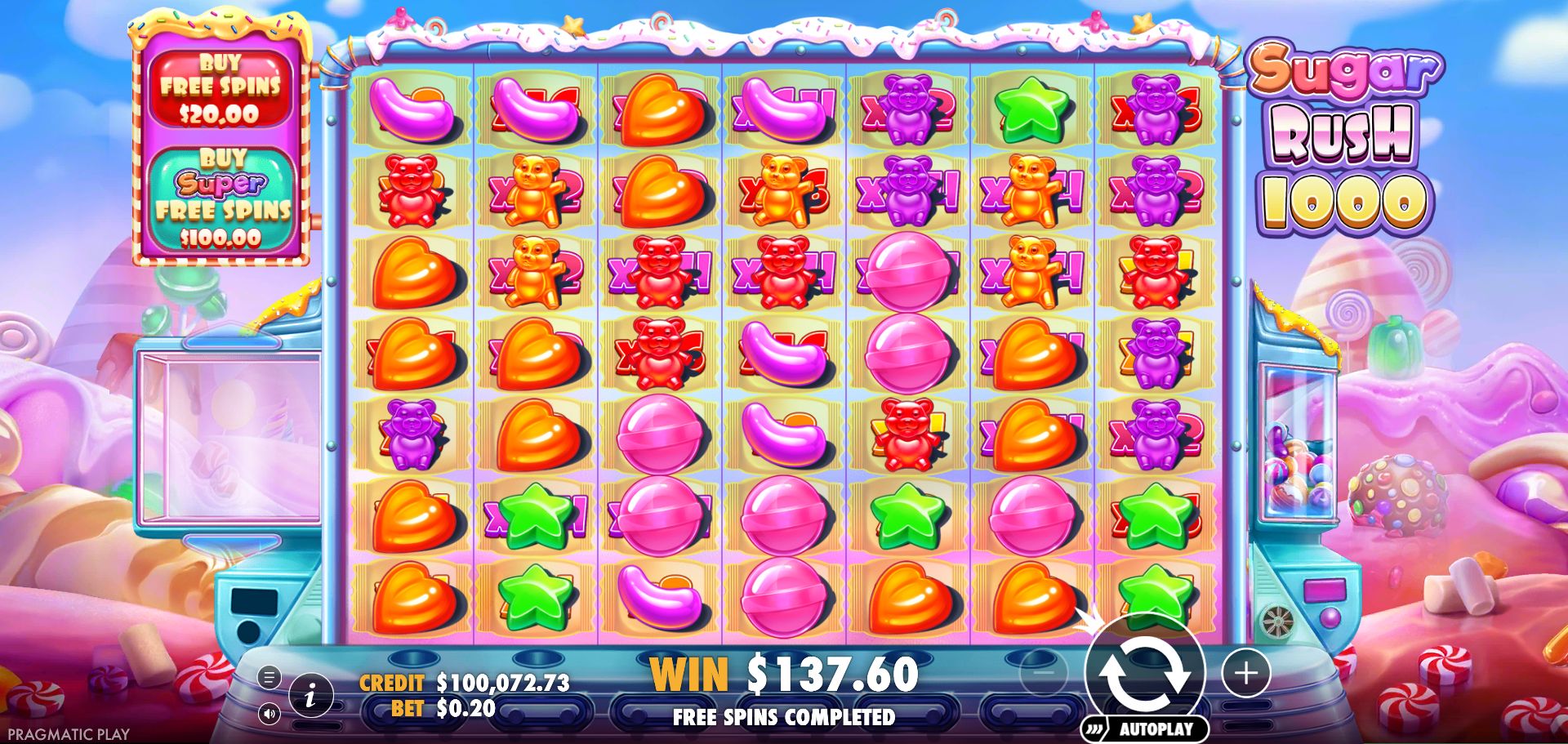 Sugar Rush 1000 after the completed Super feature. The regular $20 and Super $100 prices remain separate from the $0.20 base stake.