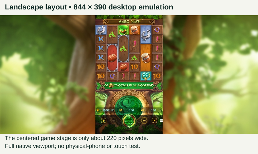 Full 844 by 390 landscape screenshot with a narrow centered Leprechaun Riches game stage.