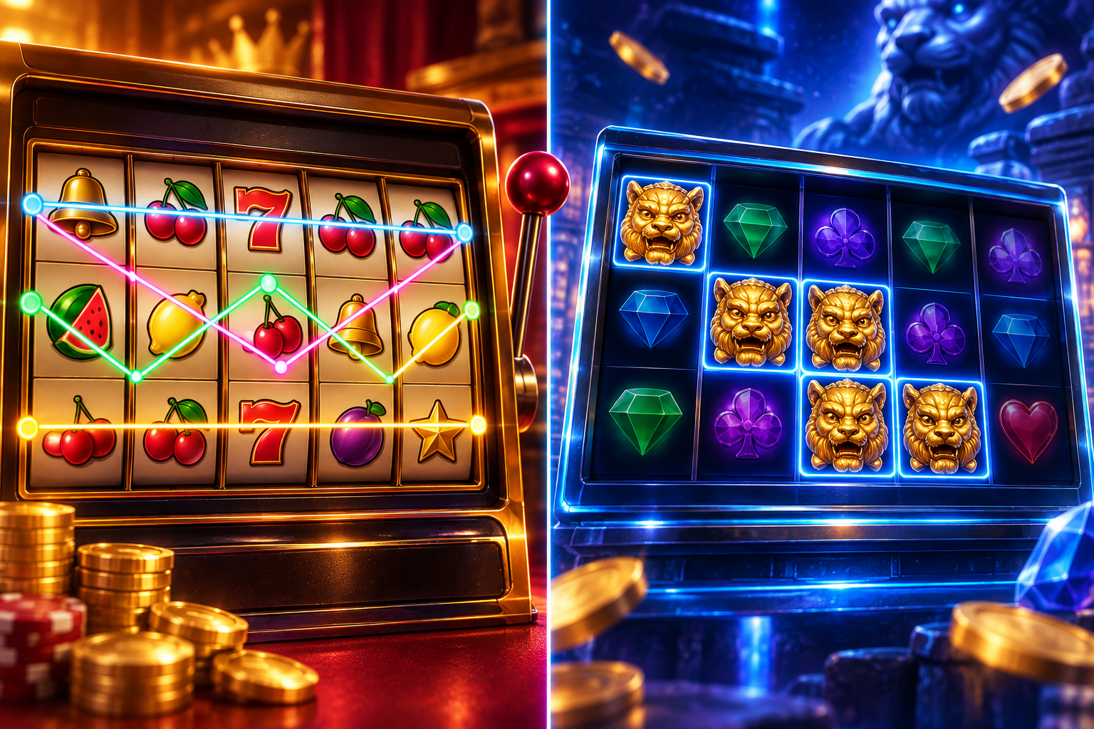 Illustrated slot grids with fixed coloured paths on the left and highlighted symbols in different reel positions on the right.