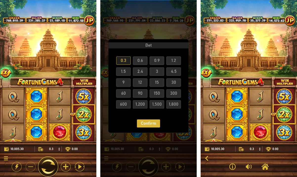 Main game, stake selector and menu in a simulated 390 × 844 portrait viewport.