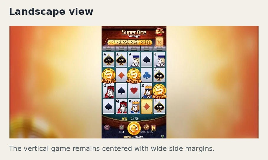Super Ace Deluxe landscape view at 844 by 390 with a narrow vertical game stage