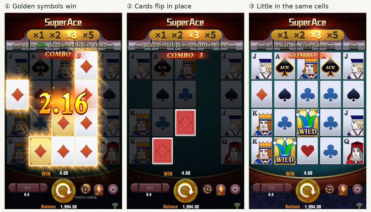 Three chronological screenshots from round 2: winning Golden diamonds, card backs in their original cells, and Little WILDs in those same cells.