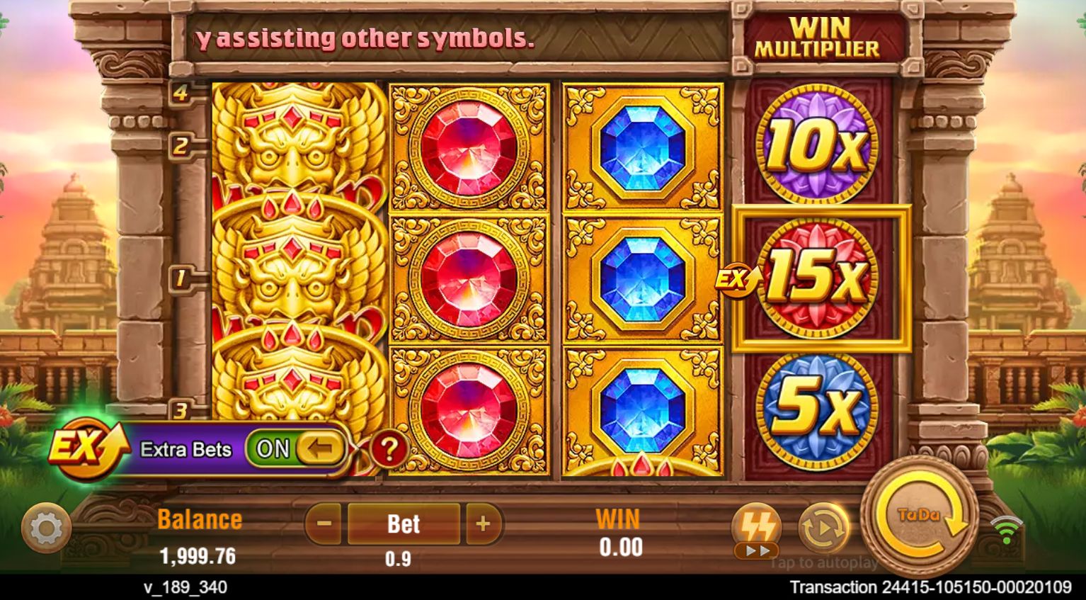 Fortune Gems with Extra Bets on, showing a 0.90 bet and unchanged demo-credit balance