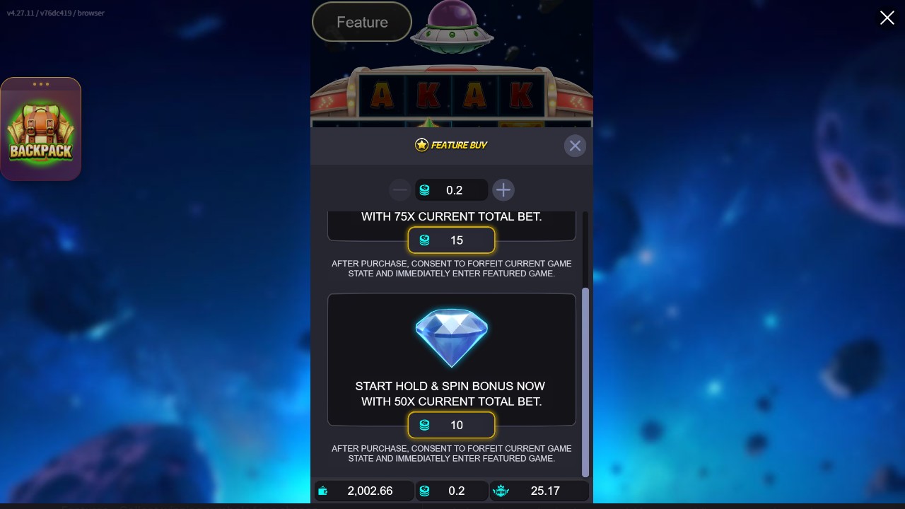 Actual feature-buy menu at bet 0.20, showing Hold and Spin at 50 times the current bet for 10.00 and the upper 75x price of 15.00