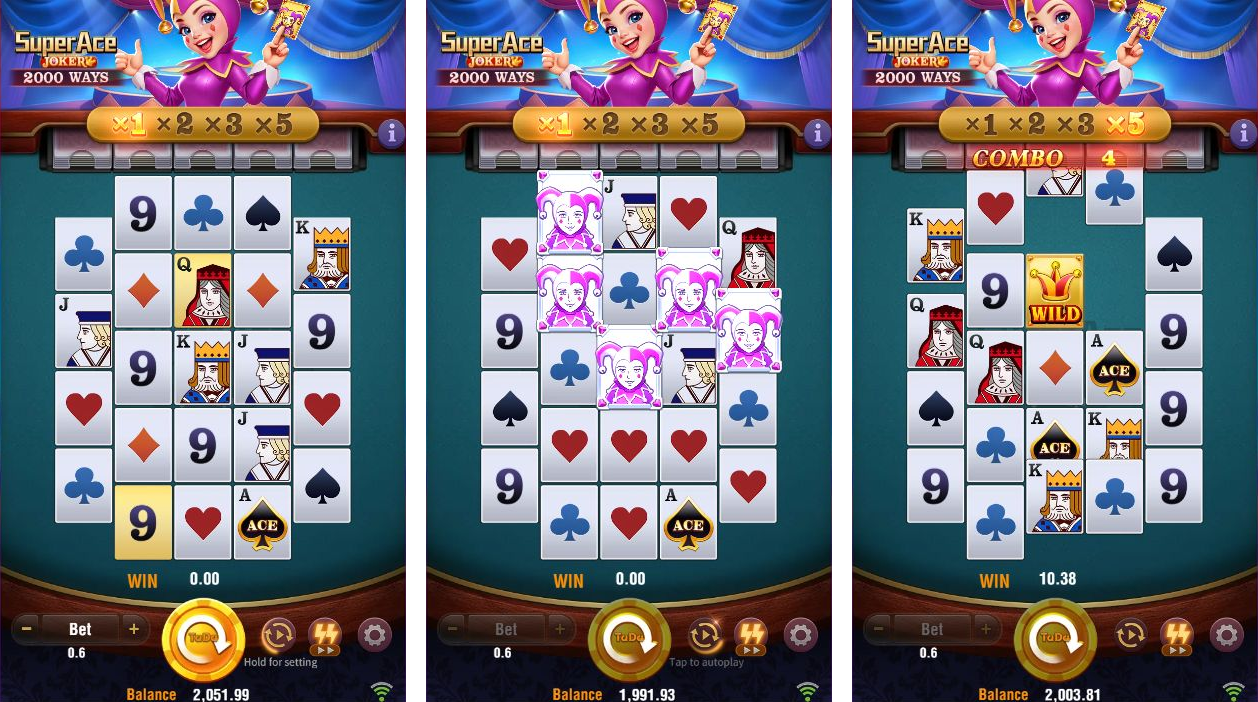Three actual Super Ace Joker views: the full grid, Silver Mystery before revealing, and Wild after a Golden conversion.