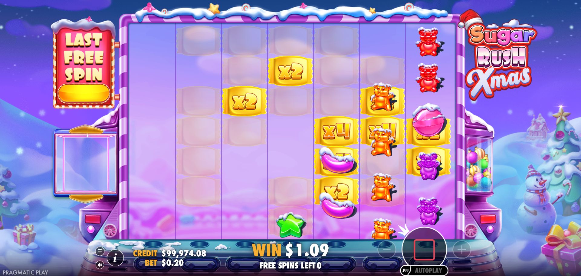 Sugar Rush Xmas selected Free Spins frame showing a 4× position and intermediate USD 1.09 WIN. Sugar Rush Xmas selected Free Spins frame showing a 4× position and intermediate USD 1.09 WIN.