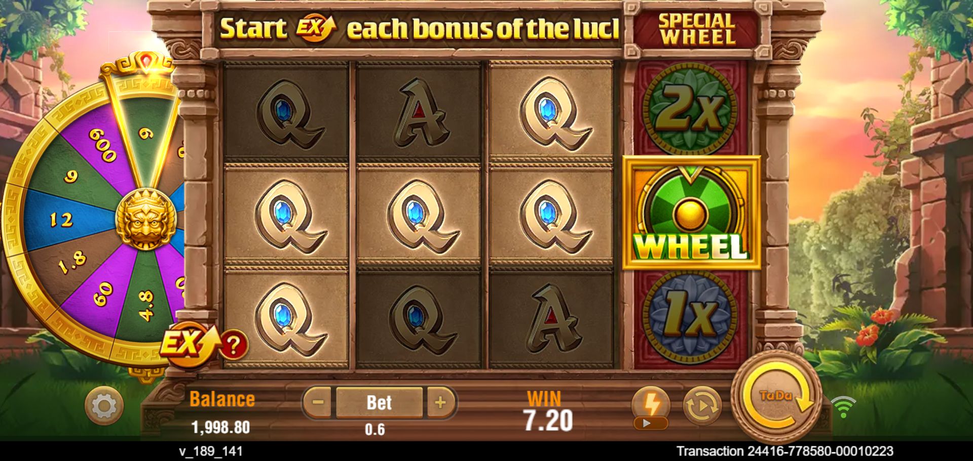 Ordinary spin 14 after settlement with final WIN 7.20, Bet 0.6 and balance 1998.80