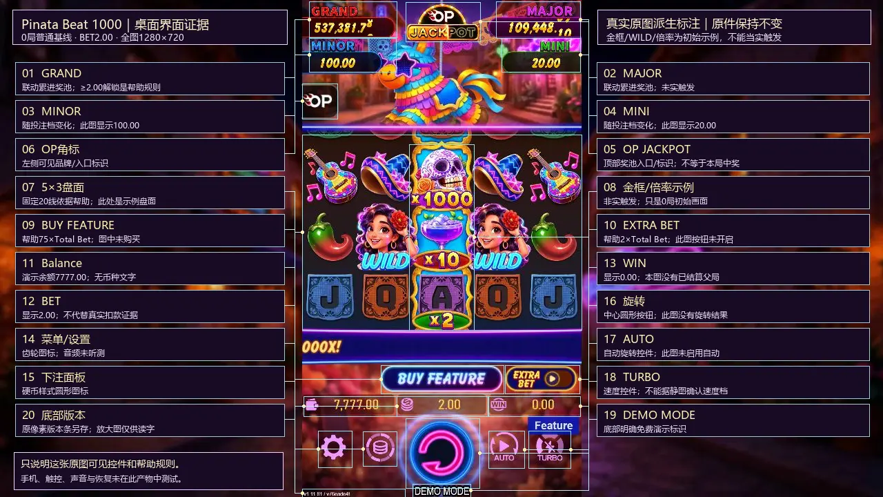 Desktop controls on the five-reel, three-row Piñata Beat 1000 screen, with the original Chinese annotations. Desktop controls on the five-reel, three-row Piñata Beat 1000 screen, with the original Chinese annotations.