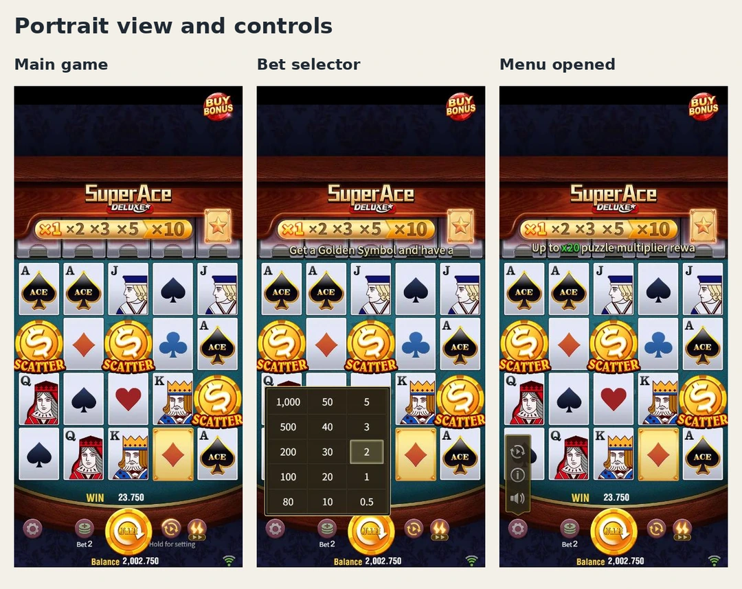 Super Ace Deluxe portrait main screen, bet selector and settings at 390 by 844