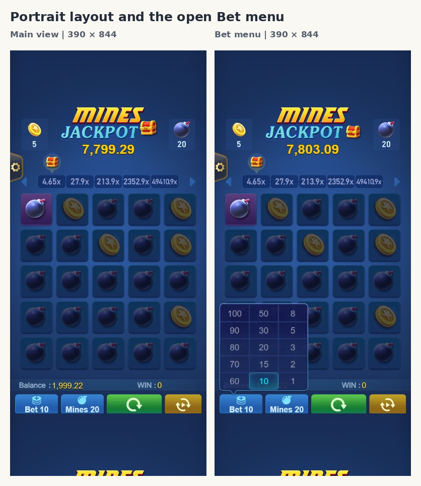 390 by 844 desktop-emulated Mines main view and open betting menu in one equal-height image 390 by 844 desktop-emulated Mines main view and open betting menu in one equal-height image