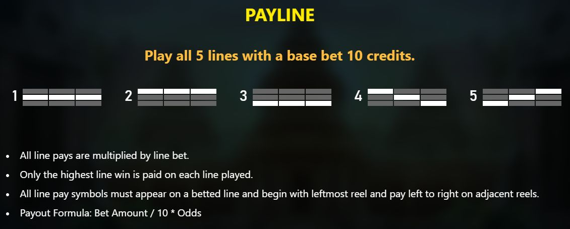 Help screen showing the three horizontal and two diagonal paylines and base payout rules.