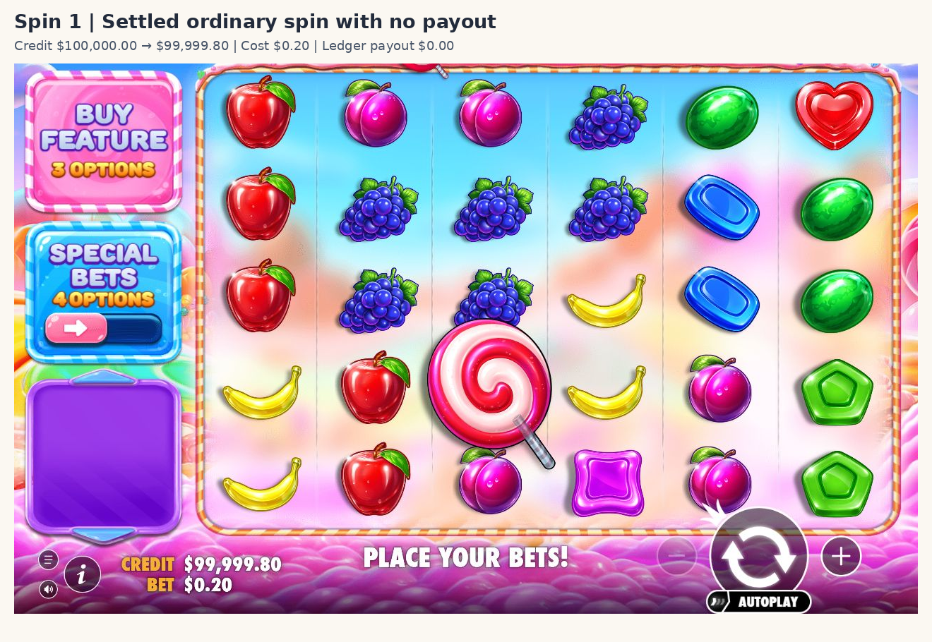 Spin 1 final idle board with one Scatter and no qualifying win