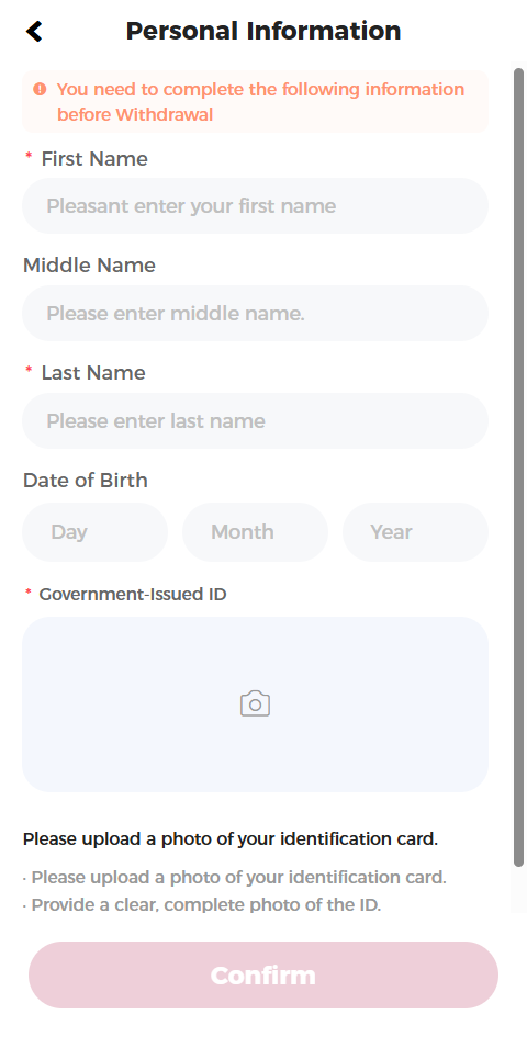 NUSTAR personal-information form with empty name, date-of-birth and government-ID fields