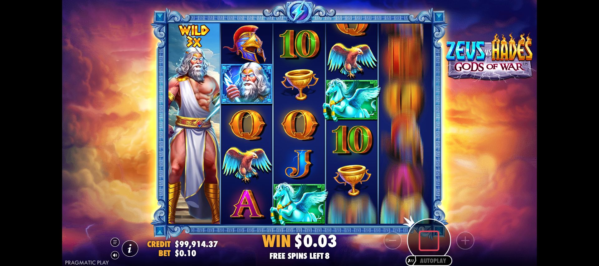 The same Olympus Super feature with eight spins left and the first reel still Wild 3x