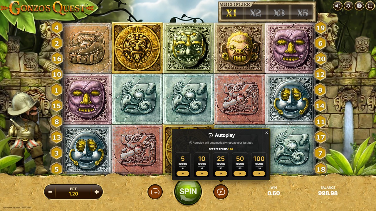 Gonzo’s Quest Autoplay menu showing available round counts