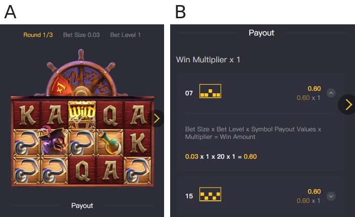 A: Spin 10 round 1 board at multiplier x1 with three qualifying hook lines; B: Expanded History line 07 formula showing 0.03 times 1 times 20 times 1 equals 0.60