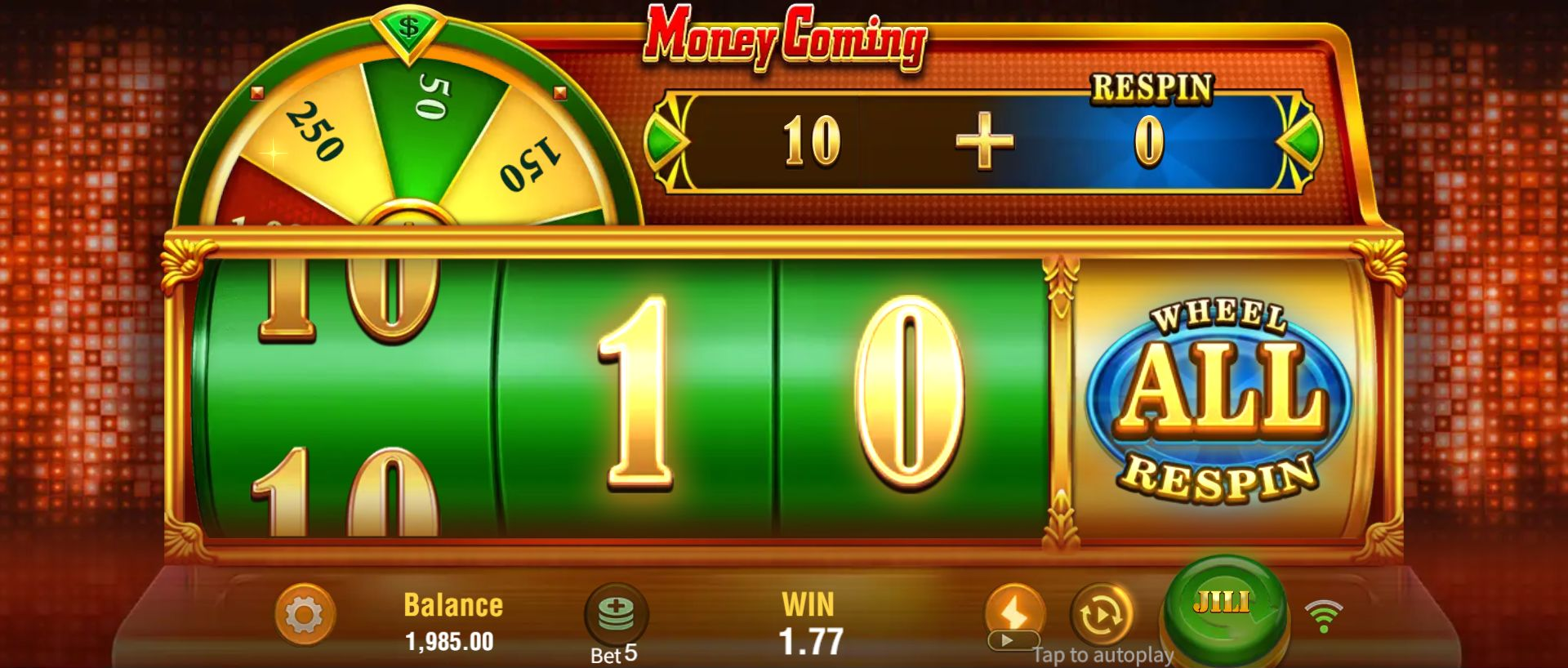 Round 3's ALL RESPIN trigger showing 10 plus an initial respin value of zero while WIN is still counting