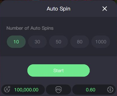 Real Auto Spin panel showing counts 10, 30, 50, 80 and 1000 and the Start button