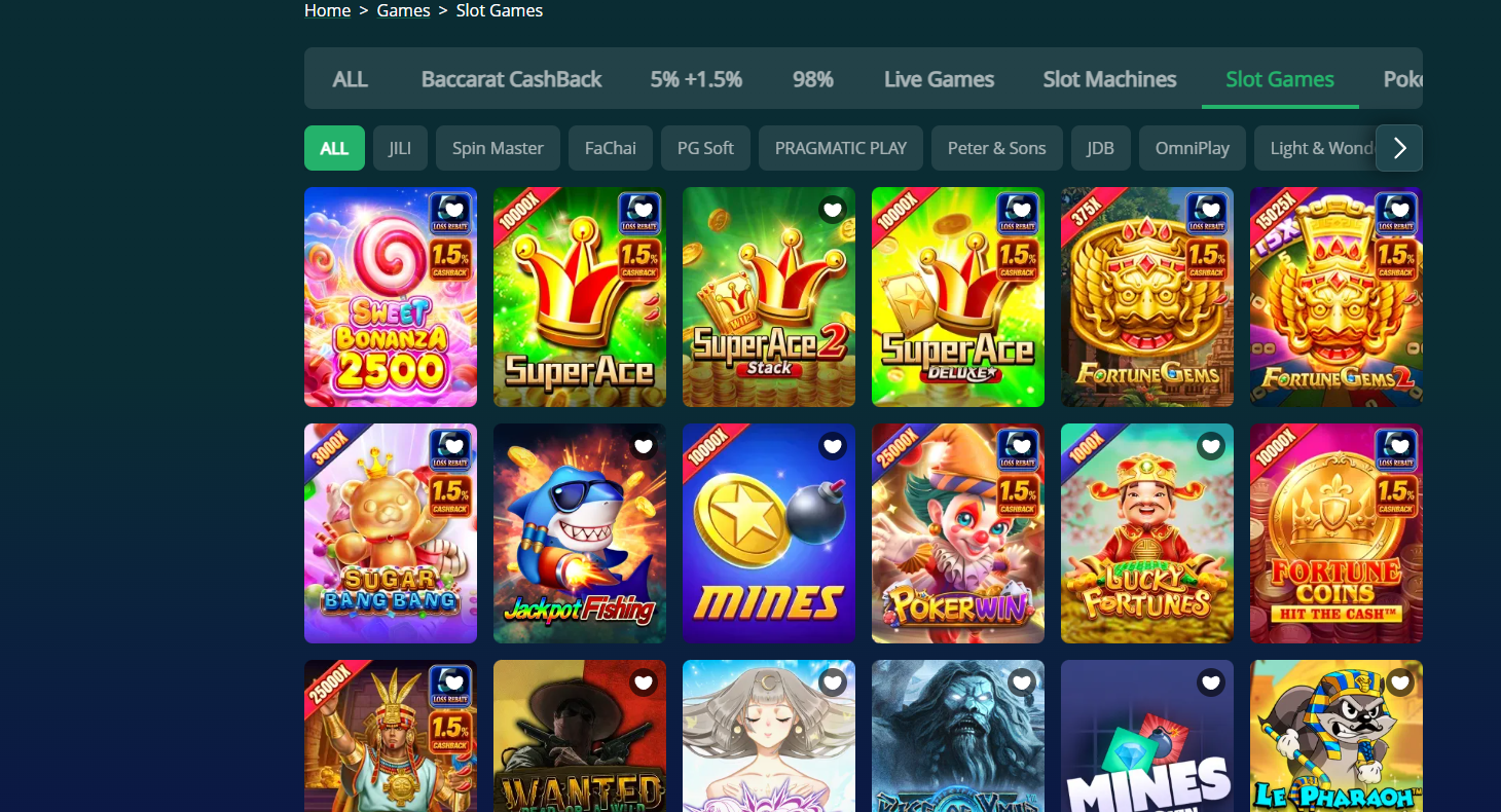Casino Plus Slot Games catalog with provider filters and game cards