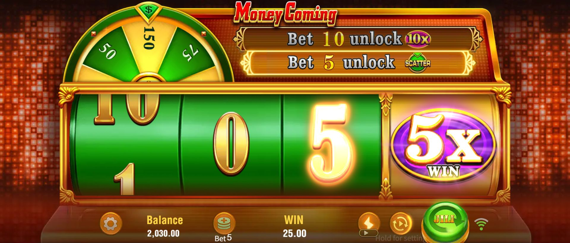 Settled Money Coming round 12 showing a left-side value of 5, 5x WIN, WIN 25 and Balance 2030