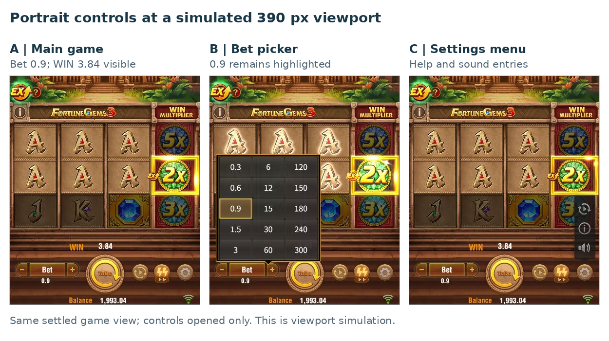 Three Fortune Gems 3 portrait interface crops showing the main game, the bet picker with 0.9 selected and the settings menu.