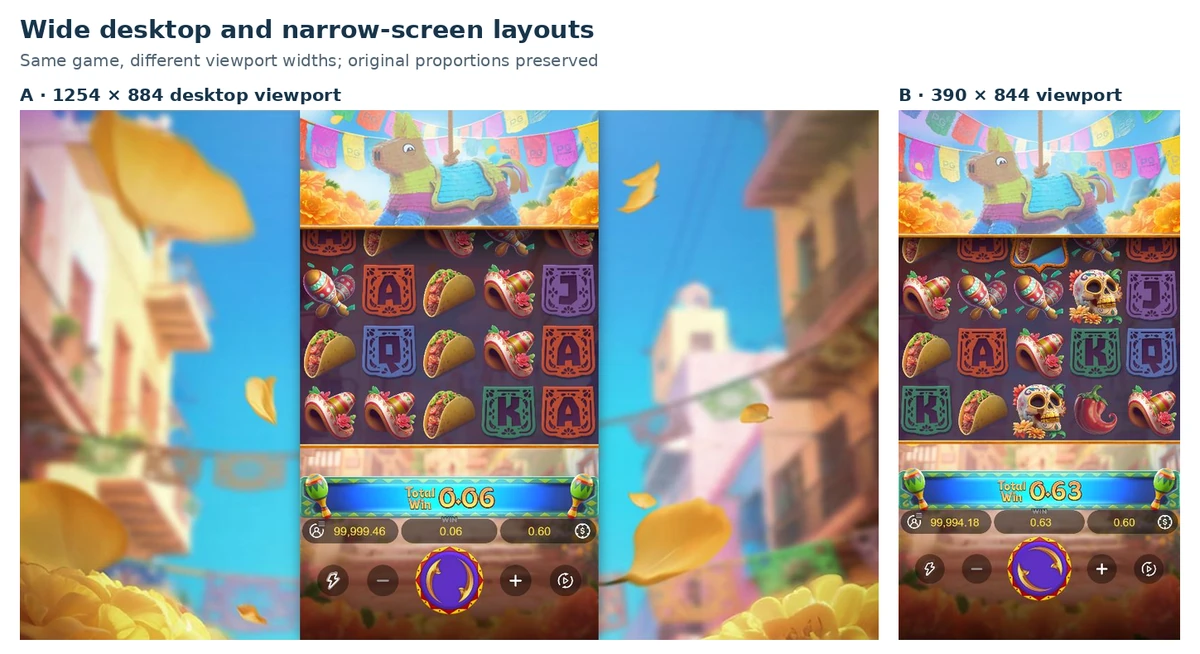 Actual wide-desktop and narrow-screen Piñata Wins layouts shown at a common height with the game proportions preserved.