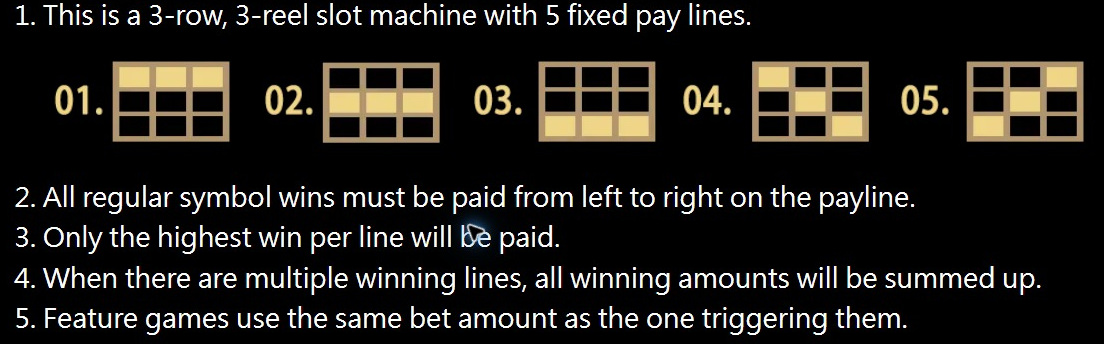 Lucky Jaguar 2 Help illustration of five fixed paylines